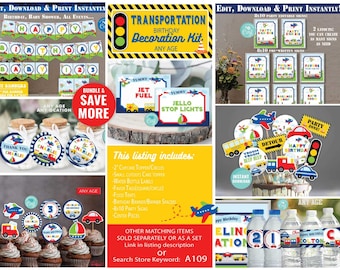 Transportation Birthday Decoration Kit-Corjl-Centerpiece-Cupcake-Favor-Banner-Sign-Water Bottle-Airplane Train-First Birthday-Any Age-A109
