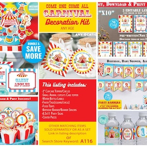 Karneval Geburtstag Dekoration Kit-Corjl-Zirkus Party Dekor-Mittelstück-Cupcake-Banner-Schild-Favor Tags-Food Zelte-EIN Geburtstag-jedes Alter-A116