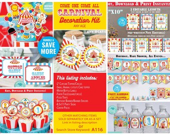 May include: A printable carnival party decoration kit with red, yellow, and blue colors. The kit includes cupcake toppers, banners, water bottle labels, and food tents. The text on the image says "Come One Come All Carnival Decoration Kit" and "This listing includes: 2" Cupcake Topper/Circles, Small Animal Cutouts Cake Topper, Water Bottle Labels, Favor Tags (Square/Circle), Food Tents, Birthday Banner/Banner Spacers, 8.5x11 Party Signs, Center Pieces".