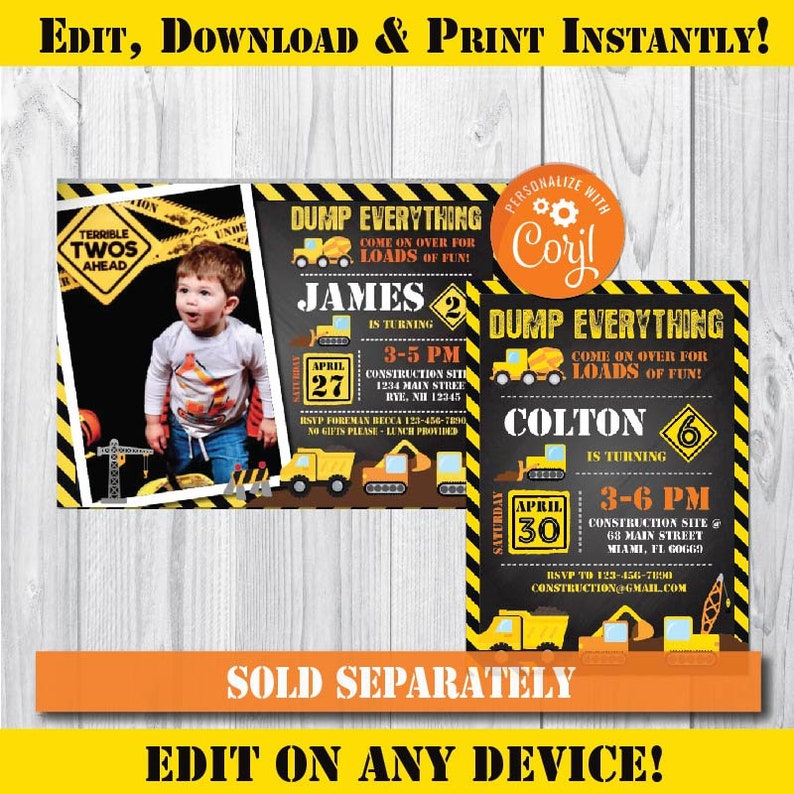 Construction Birthday Invitation-Self Edit w corjl-Construction Party Invite-under Construction Party-Dump Truck-First Birthday-AnyAge-A103 image 5
