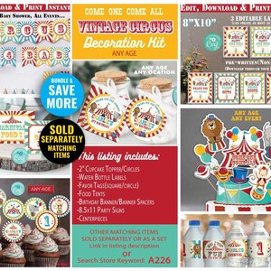 K&ouml;nnte beinhalten: Ein druckbares Vintage-Zirkus-Party-Dekorationsset in den Farben Rot, Gelb und Blau. Das Set beinhaltet Cupcake-Topper, Wasserflaschenetiketten, Geschenkanh&auml;nger, Essenszelte, ein Banner, Partyschilder und Tischdekorationen. Das Set ist zum sofortigen Download verf&uuml;gbar.