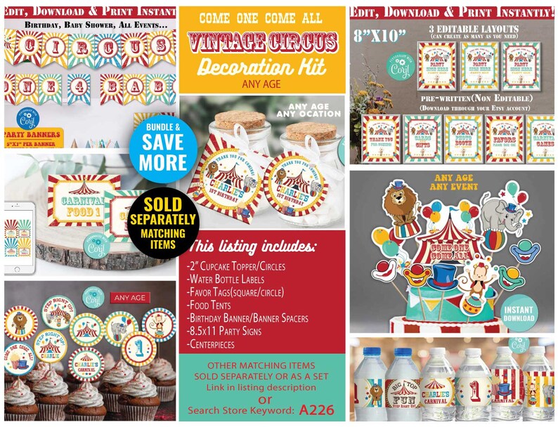 K&ouml;nnte beinhalten: Ein druckbares Vintage-Zirkus-Party-Dekorationsset in den Farben Rot, Gelb und Blau. Das Set beinhaltet Cupcake-Topper, Wasserflaschenetiketten, Geschenkanh&auml;nger, Essenszelte, ein Banner, Partyschilder und Tischdekorationen. Das Set ist zum sofortigen Download verf&uuml;gbar.