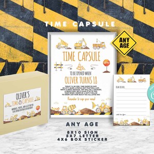 Cápsula do tempo de aniversário de construção - Corjl - Placa - Adesivo de caixa de correio - Caminhão basculante - Festa de construção - Decoração de jogo - Primeiro aniversário - Qualquer idade - A194
