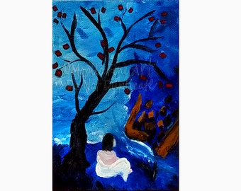 Small Original Painting Surreal Image Cute Little Art Mother's Day Gift for Mom Girl Sitting Under Tree Overlooking Village Sea Ocean Coast