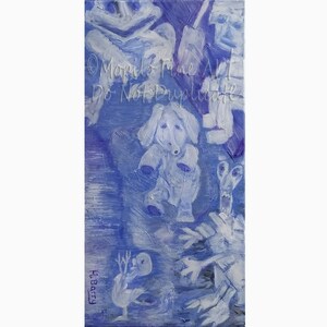 Amusant Imaginatif Ludique Surréaliste Peinture Originale Grenouille Éléphant & Personnages Mignons Drôles Salon Enfants Chambre Art Pastel Bleu Couleur Art Mural