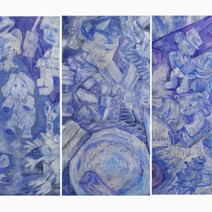 Lindo Divertido Imaginativo Juguetón Surrealista Original Firmado Pinturas Tríptico Conjunto Sala de juegos Sala de estar Niños Habitación Arte Pastel Azul Color Vivero Arte