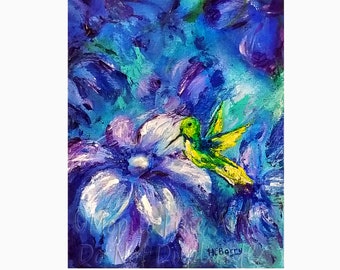 Original Painting Humming Bird Flowers Purple Blue Aqua Green Colors Signed Wall Art Canvas Board Not Print Unique Gift for Mom Mothers Day