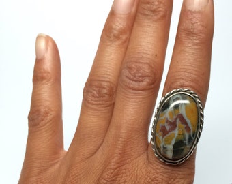 Chunky Yellow and Red Jasper Stone Ring, Navajo, Oval Cabochon, Sterling Silver, Size 7.5 #RI57