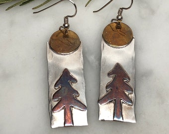 Tree and Sun or Moon Dangle Earrings, Sterling Silver, Copper, Brass, Mixed Metal, Handmade, Artisan, Vintage