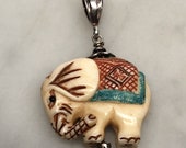 Asian Elephant Pendant, Carved Stone, Sterling Silver, Toshikane Style, Vintage