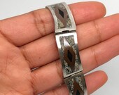 Antique Mexican Inlaid Turquoise Sterling Silver, Copper Mixed Metal Link Bracelet, 6.5 inches, Metales Casados