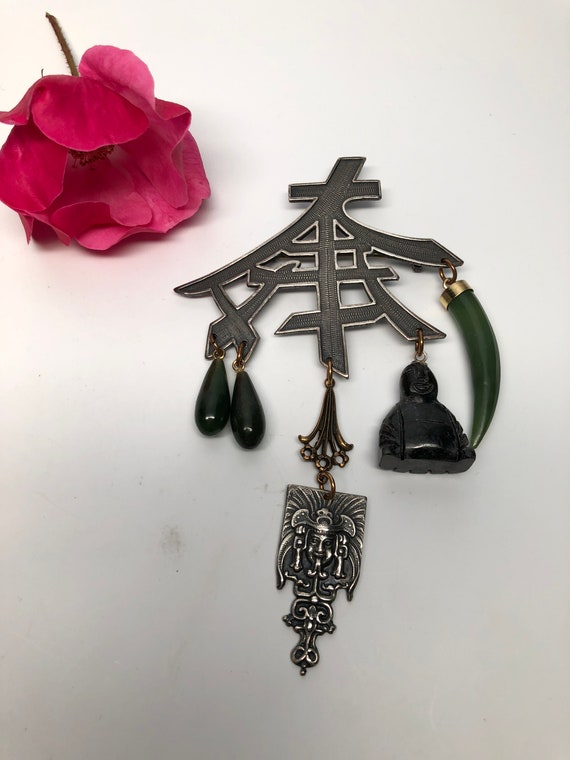 Chinese Character Brooch, Jade Drops, Buddha - image 1