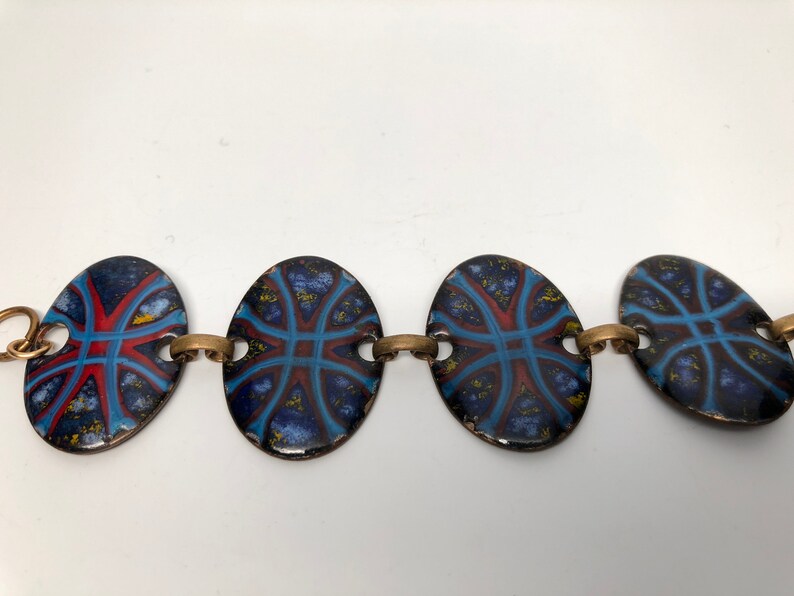 Red Blue Enamel Link Bracelet 8 inches Mid Century