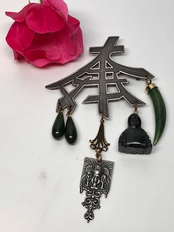 Chinese Character Brooch, Jade Drops, Buddha - image 2