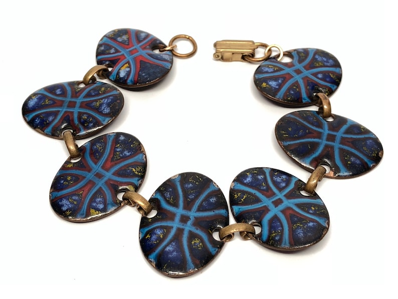 Red Blue Enamel Link Bracelet 8 inches Mid Century
