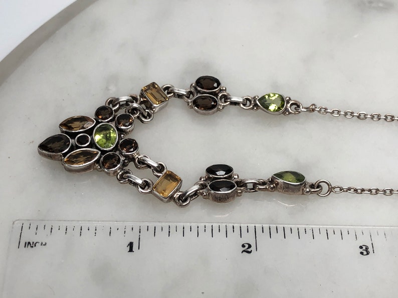 India Neutral Colors Smokey Quartz Citrine Multi Gemstone Necklace Peridot Bezel Set Adjustable Length 16 to 19 inches long