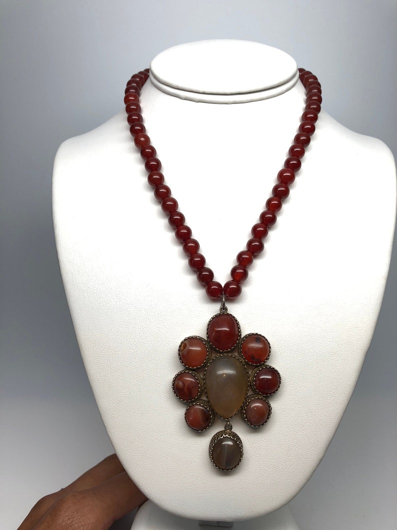 Large Carnelian Agate Pendant Ethnic Necklace Silver,Mogul Mughal Style Vintage