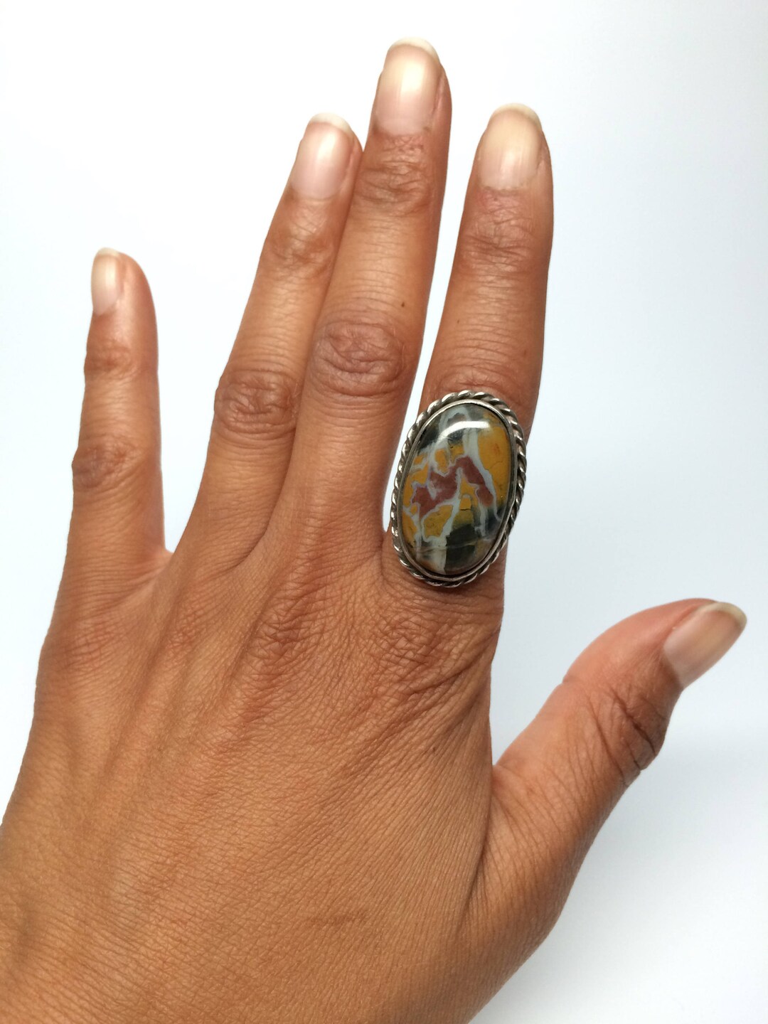 Chunky Yellow and Red Jasper Stone Ring, Navajo, Oval Cabochon ...