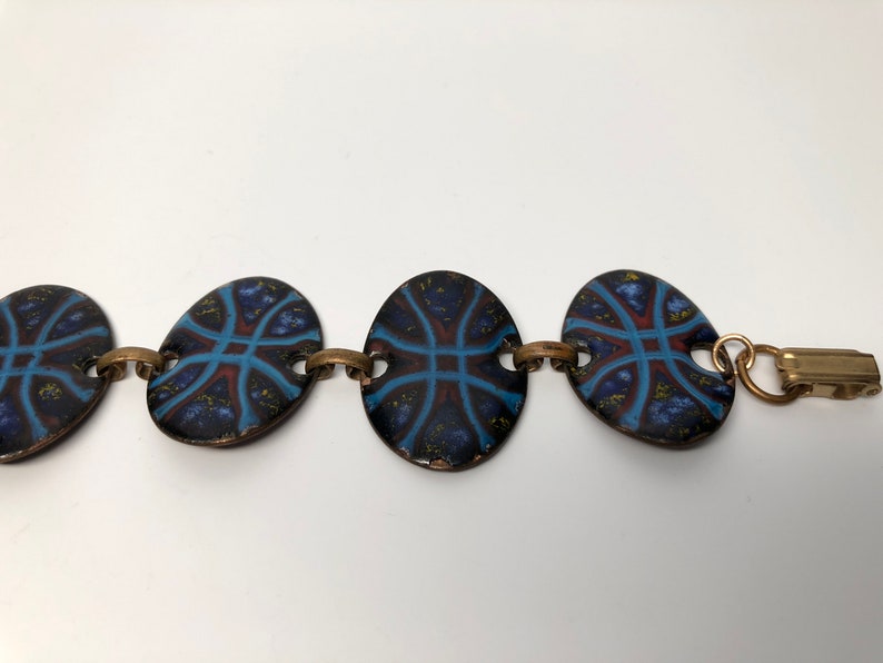 Red Blue Enamel Link Bracelet 8 inches Mid Century