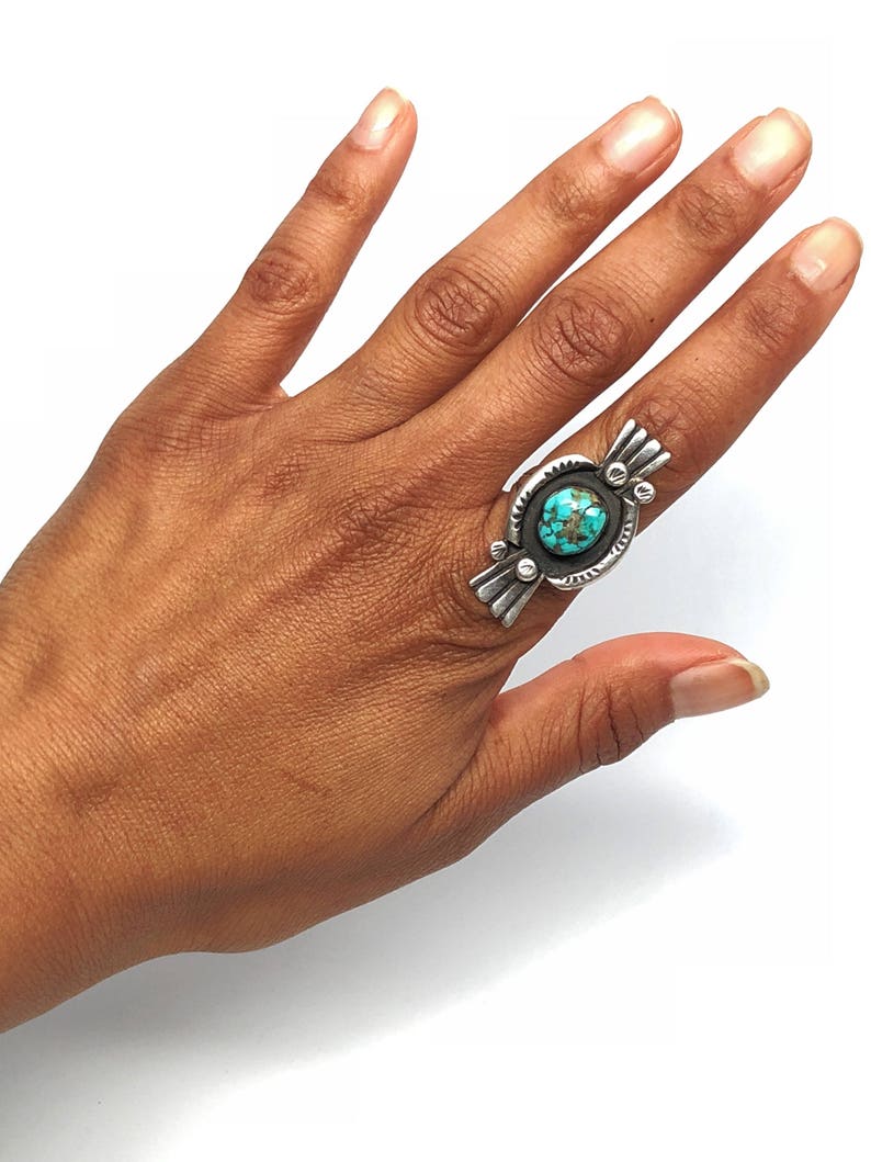 Size 8 #RI74 Chunky Navajo Blue Turquoise Ring Sterling Silver