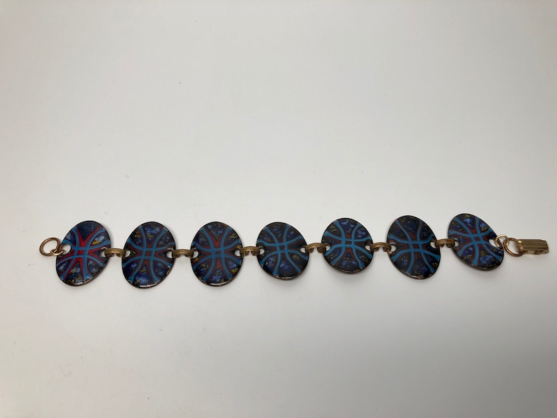 Red Blue Enamel Link Bracelet 8 inches Mid Century