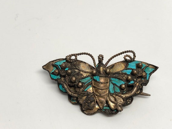 Butterfly Kingfisher Feather Brooch, Chinese, Silver Tone Metal, Antique