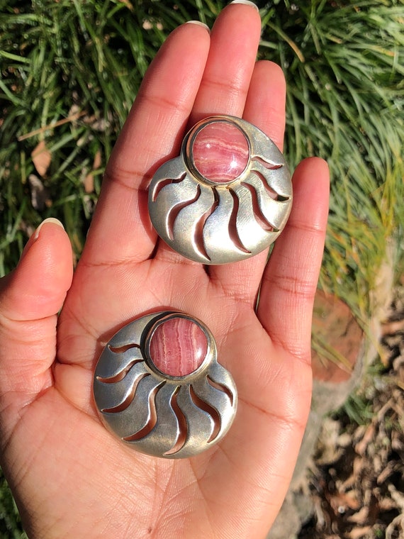 Nautilus Earrings with Pink Rhodochrosite, Sterlin