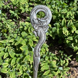 Könnte beinhalten: Ein silberfarbener, kunstvoller Drachenlöffel. Der Kopf des Drachen bildet die Schüssel des Löffels, mit aufwendigen Schuppen und Details. Der Griff ist eine schlanke, gebogene Verlängerung des Drachenkörpers. Der Hintergrund ist grünes Laub.