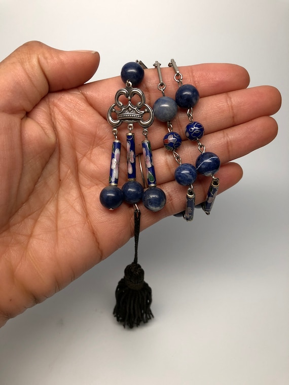 Chinese Lapis Cloissone Necklace, Silver Tone Chai