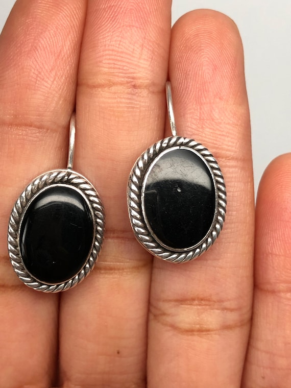 Beautiful Black Onyx Earrings, Oval Shape, Sterlin