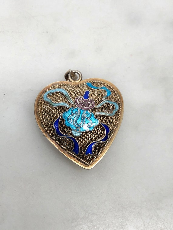 Blue Enamel Chinese Heart Pendant, Sterling Silver