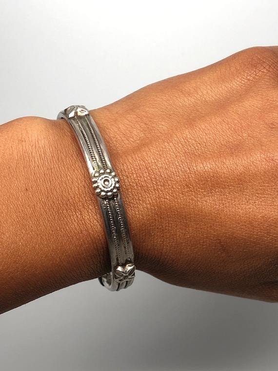 Tribal Bangle Bracelet, Floral Accents, Silver, In