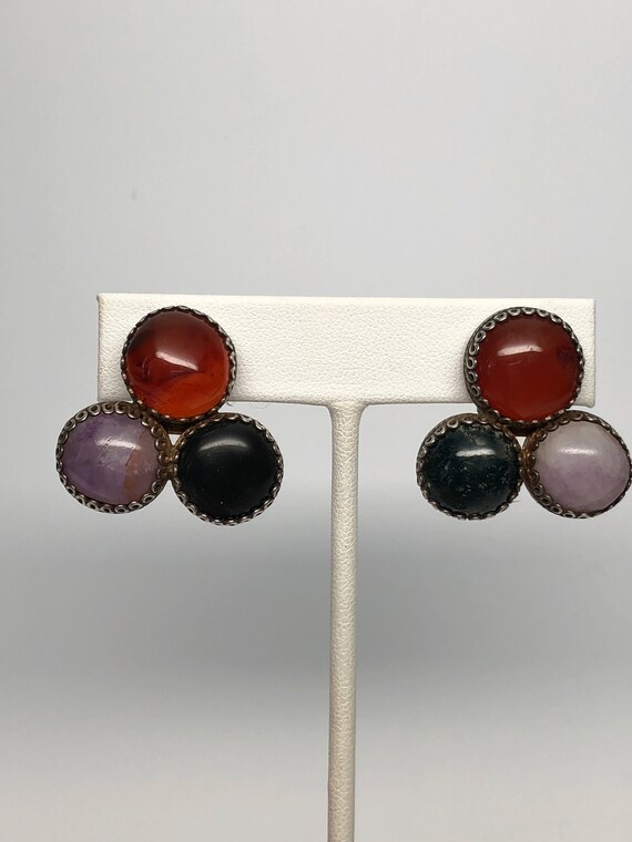 Multistone Agate Ethnic Clip Earrings, Silver, Mo… - image 2