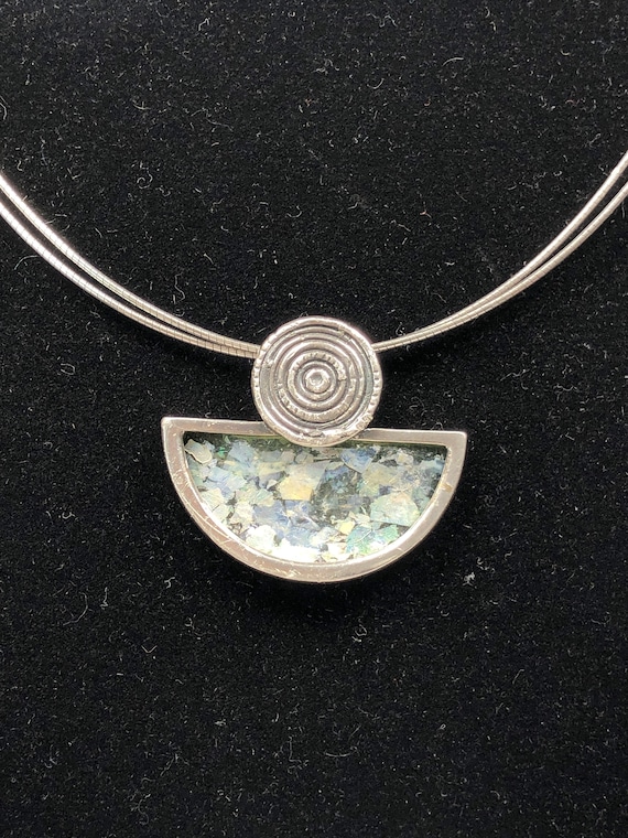 Ancient Roman Glass Necklace with Oval Glass Concentric Circles Sterling Silver Ancient Roman Glass Necklace with Oval Glass Concentric Circles Sterling Silver
