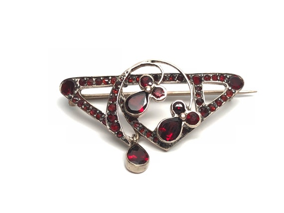 Garnet Brooch, Triangle, Dangle Teardrop, Gold Fil