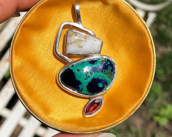 Gold in Quartz, Azurite Malachite, Garnet or Tourmaline Gemstone Pendant, Sterling, 1 7/8 inches