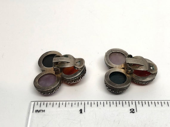 Multistone Agate Ethnic Clip Earrings, Silver, Mo… - image 5