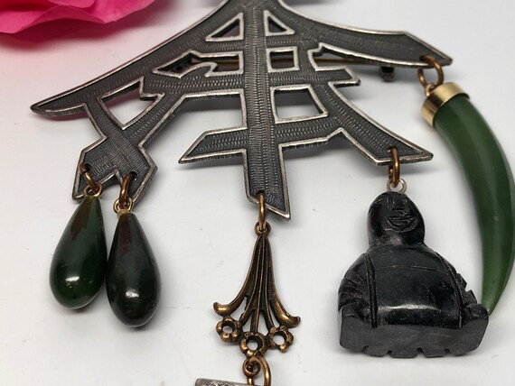 Chinese Character Brooch, Jade Drops, Buddha - image 3