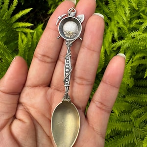 May include: A silver-toned spoon with a decorative handle and a small, round bowl. The bowl contains small, gold-colored objects. The handle is intricately designed with twisted wire and bead-like accents. The spoon is held against a backdrop of green foliage.