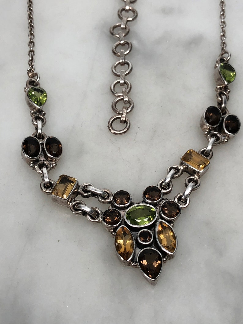 India Neutral Colors Smokey Quartz Citrine Multi Gemstone Necklace Peridot Bezel Set Adjustable Length 16 to 19 inches long
