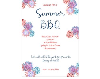 Editable Fireworks Party Invitation, Print at Home, Summer Party Invitation, July 4th Party Invitation, Summer Cookout, BBQ, Barbecue Invite