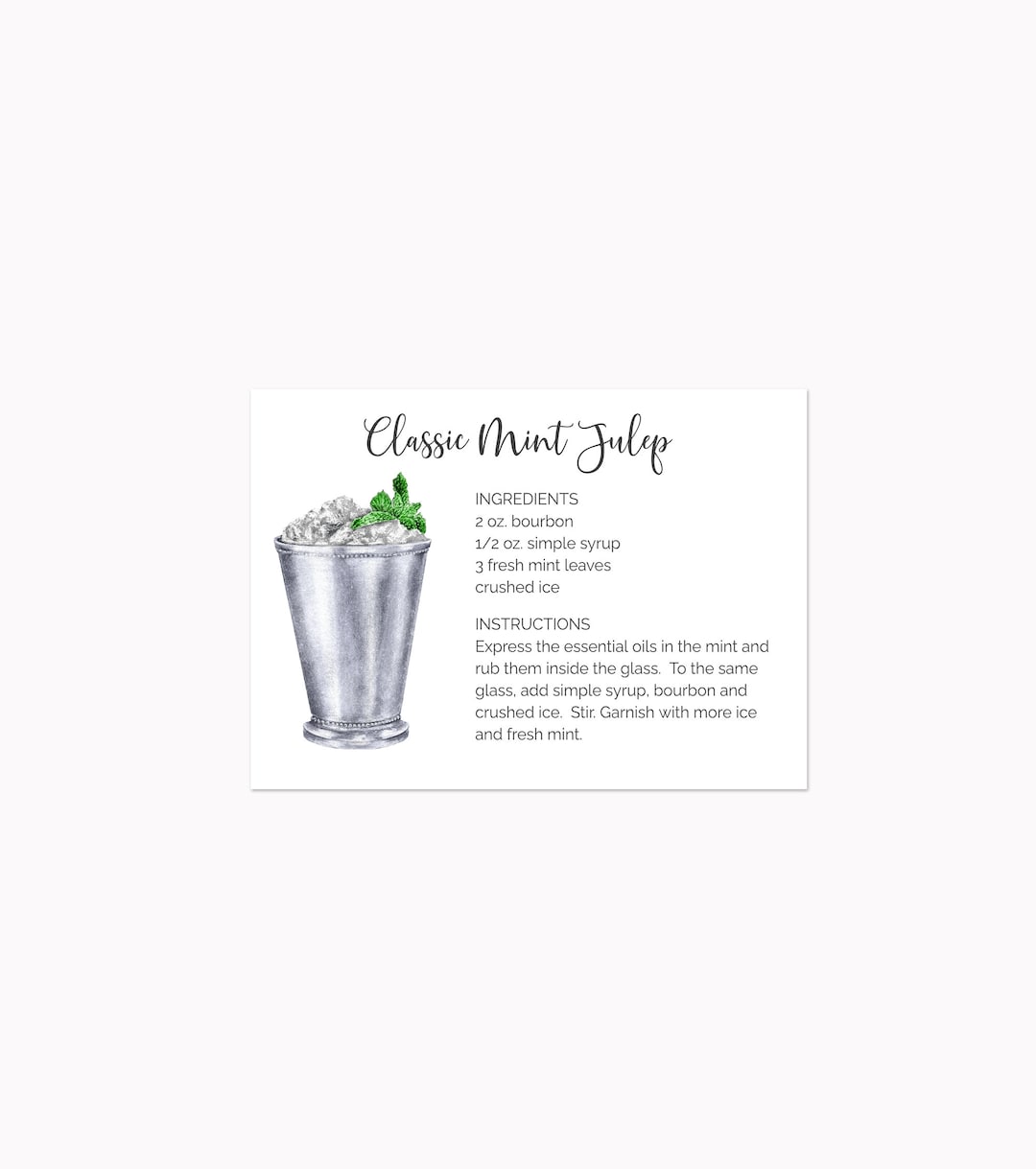 Editable Mint Julep Recipe Card, Editable Cocktail Recipe Card, Mint