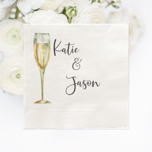 Personalized Napkins, 100 Personalized Cocktail Napkins, Champagne Glass, White Napkins, Engagement Party Napkins, Couples Shower Napkins