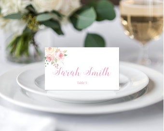 Bewerkbare Blush Roses Place card, Print at Home, Blush Pink Roses Place Card Template, Bruidsdouche Placecard Download, Blush Pink, 3.5x2