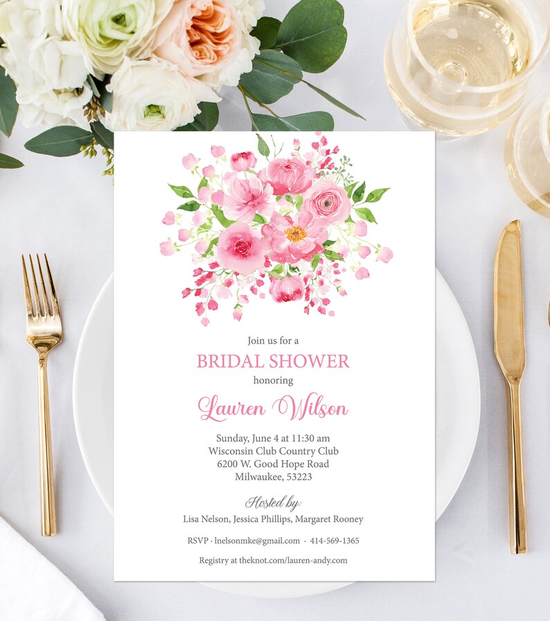 Pink Floral Bridal Shower Invitation, Pink Bridal Shower Invite, Summer