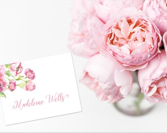 Pink Peony Personalized Folded Note Cards, Watercolor Peony Stationery, Floral Note Cards, Floral Thank You Notes, Peony Stationery, Luxury