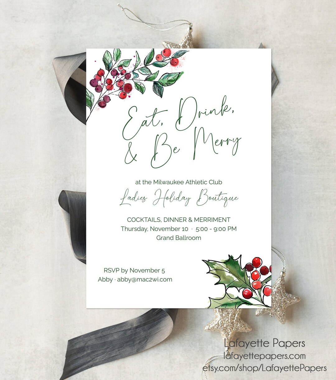 Editable Holiday Party Invitation Print at Home Holly Etsy