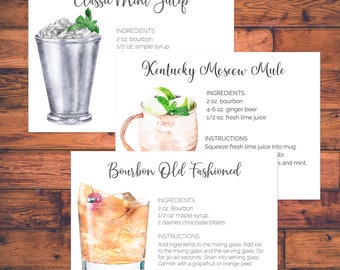 Kentucky Derby Party Cocktail Recipe Cards, Set of 3 Printed Recipe Cards, Mint Julep, Kentucky Mule, Bourbon Old Fashioned Recipe Cards