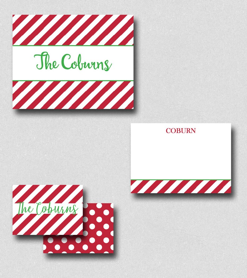 Personalized Folded Note Cards Red and Green Stripe Note Etsy