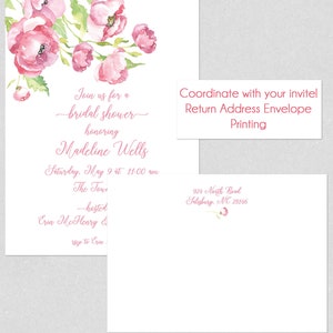 May include: A pink floral bridal shower invitation with the text "Join us for a bridal shower honoring Madeline Wells Saturday, May 9 at 11:00 am The Town -hosted Erin McHenry & rsip to Erin". The invitation also includes a pink floral design and the text "Coordinate with your invite! Return Address Envelope Printing 924 North Road Salisbury, NC 28146".